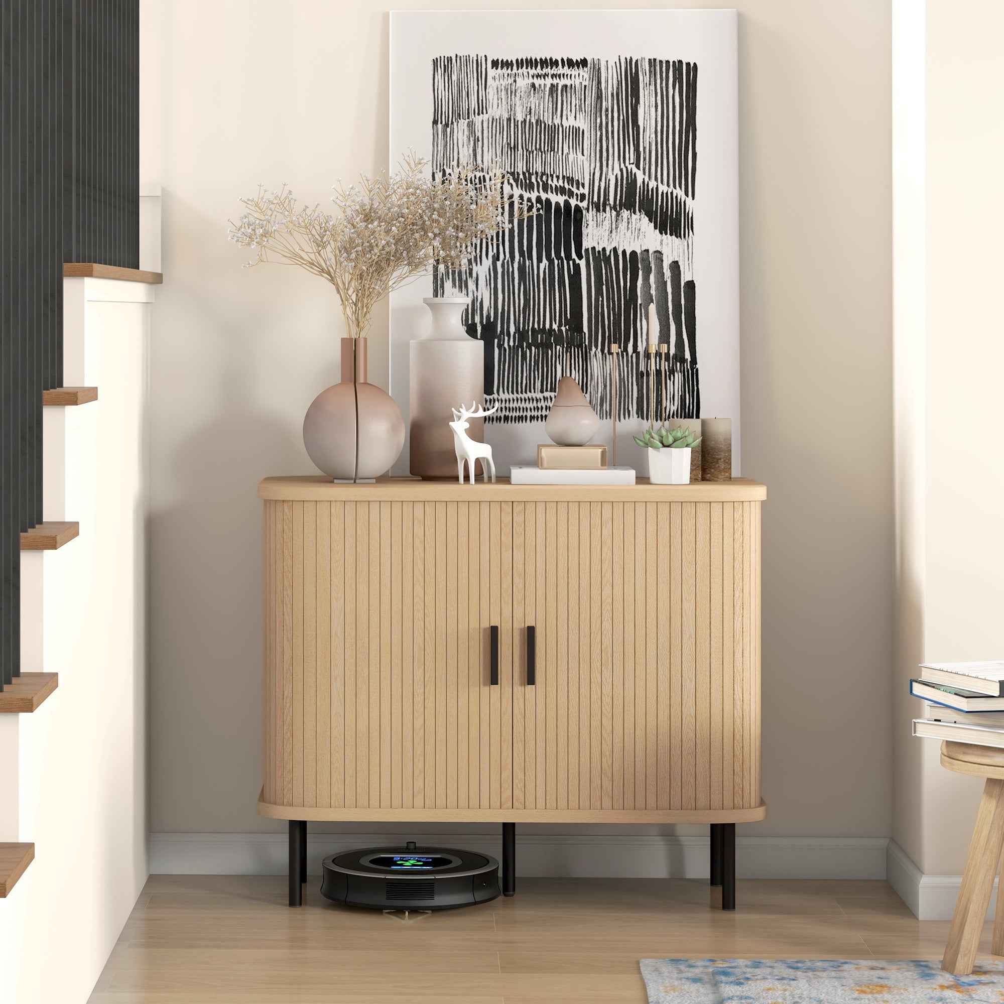 Aspen 35.4" Sideboard Buffet Cabinet with Slatted Tambour Doors-Oak