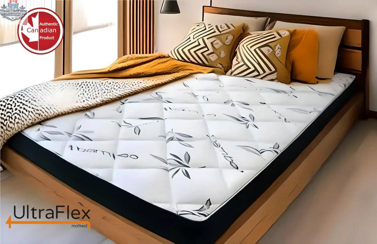 UltraFlex DreamEasy mattress with gel-infused comfort, quilted bamboo cover, cooling tech, and pressure relief in a Canadian-made medium firm design.