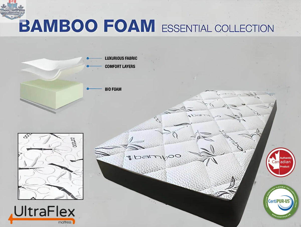 UltraFlex DreamEasy Mattress set featuring gel-infused comfort, quilted top, cooling technology, bamboo cover, and CertiPUR-US foam.