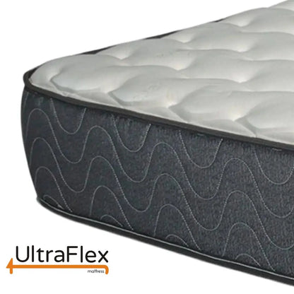 UltraFlex Infinity Mattress and BoxSpring set with eco-friendly soy foam, orthopedic support, made in Canada, shown from corner view.