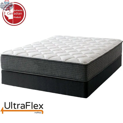 UltraFlex Aspire mattress with supportive foam and cool gel memory foam, pressure relief, medium-firm feel, waterproof protector, made in Canada.