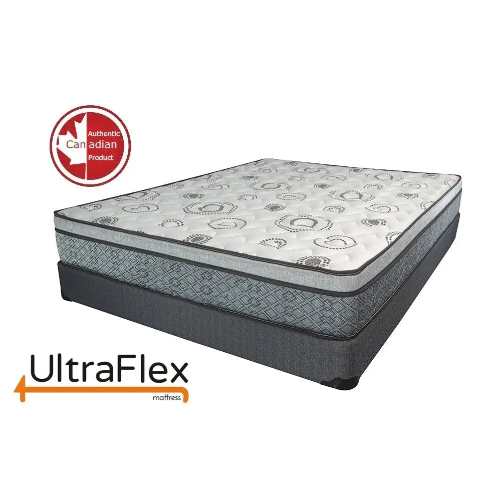 UltraFlex® EVOKE mattress set with orthopedic cool gel memory foam and eco-friendly boxspring, shown in a bedroom setting.