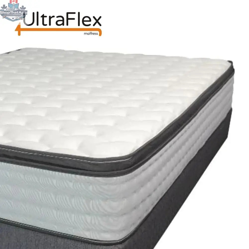 UltraFlex® LUSH 12-inch orthopedic eurotop mattress with eco-friendly hybrid pocket coil and foam, displayed on a boxspring.