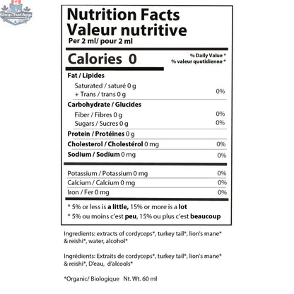 Unflavored Shroom Soda® tincture bottle with nutrition facts label, showcasing Ananda Elixirs' mushroom supplement product.