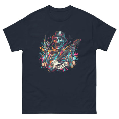 Unisex navy Skelton Rock n Roll T-shirt for music lovers by Little Guitars, featuring classic rock-themed graphic on front.