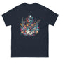Unisex navy Skelton Rock n Roll T-shirt for music lovers by Little Guitars, featuring classic rock-themed graphic on front.
