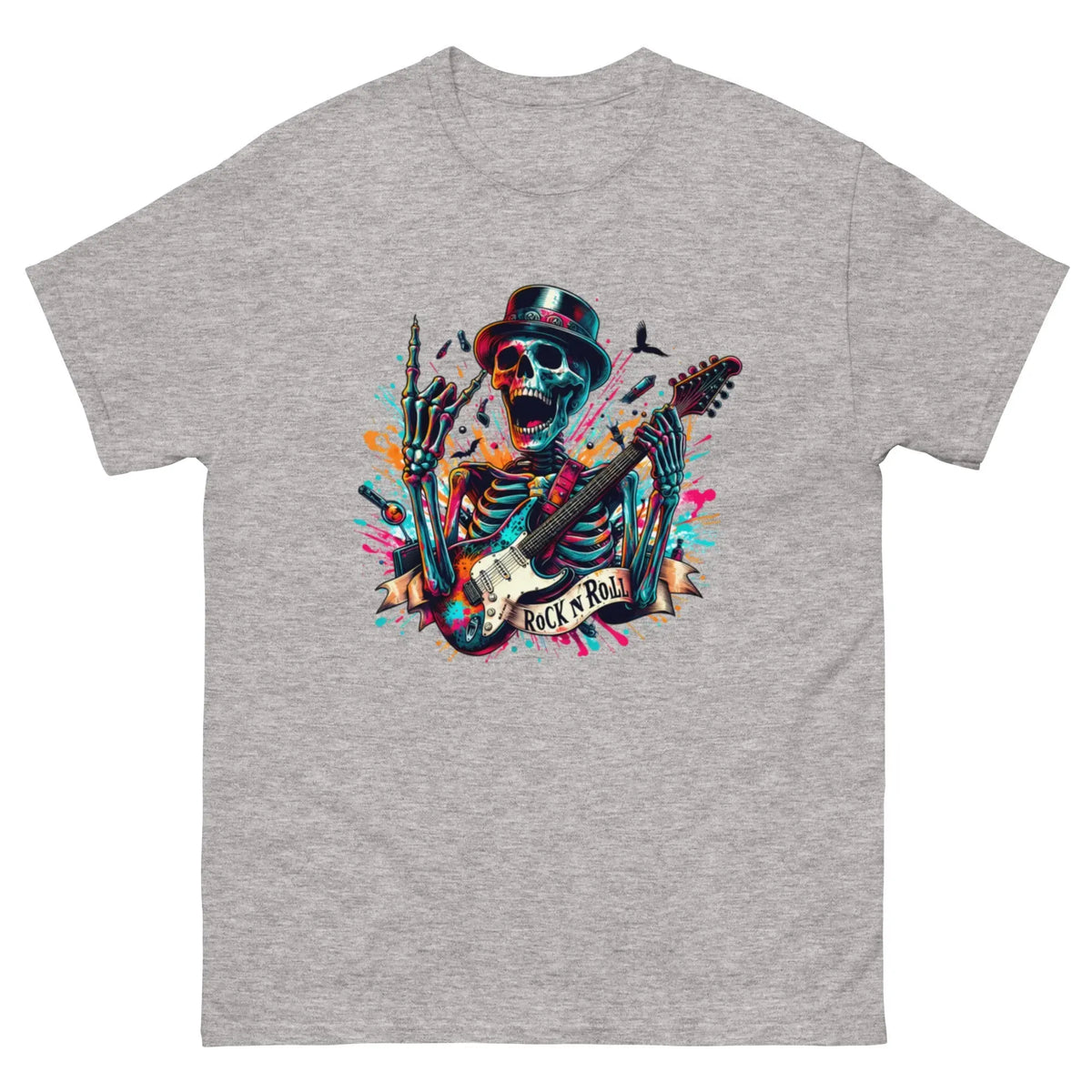 Unisex Skeleton Rock n Roll T-shirt by Little Guitars in sport grey, featuring classic music-inspired graphic design.