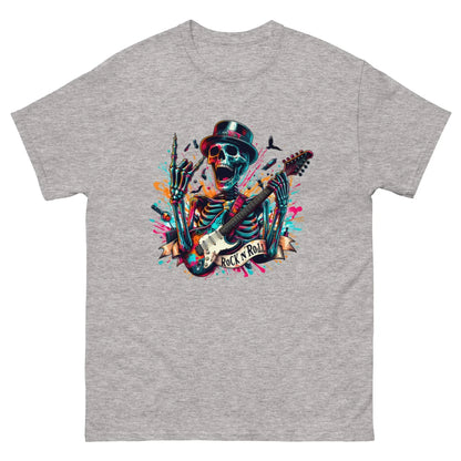 Unisex Skeleton Rock n Roll T-shirt by Little Guitars in sport grey, featuring classic music-inspired graphic design.