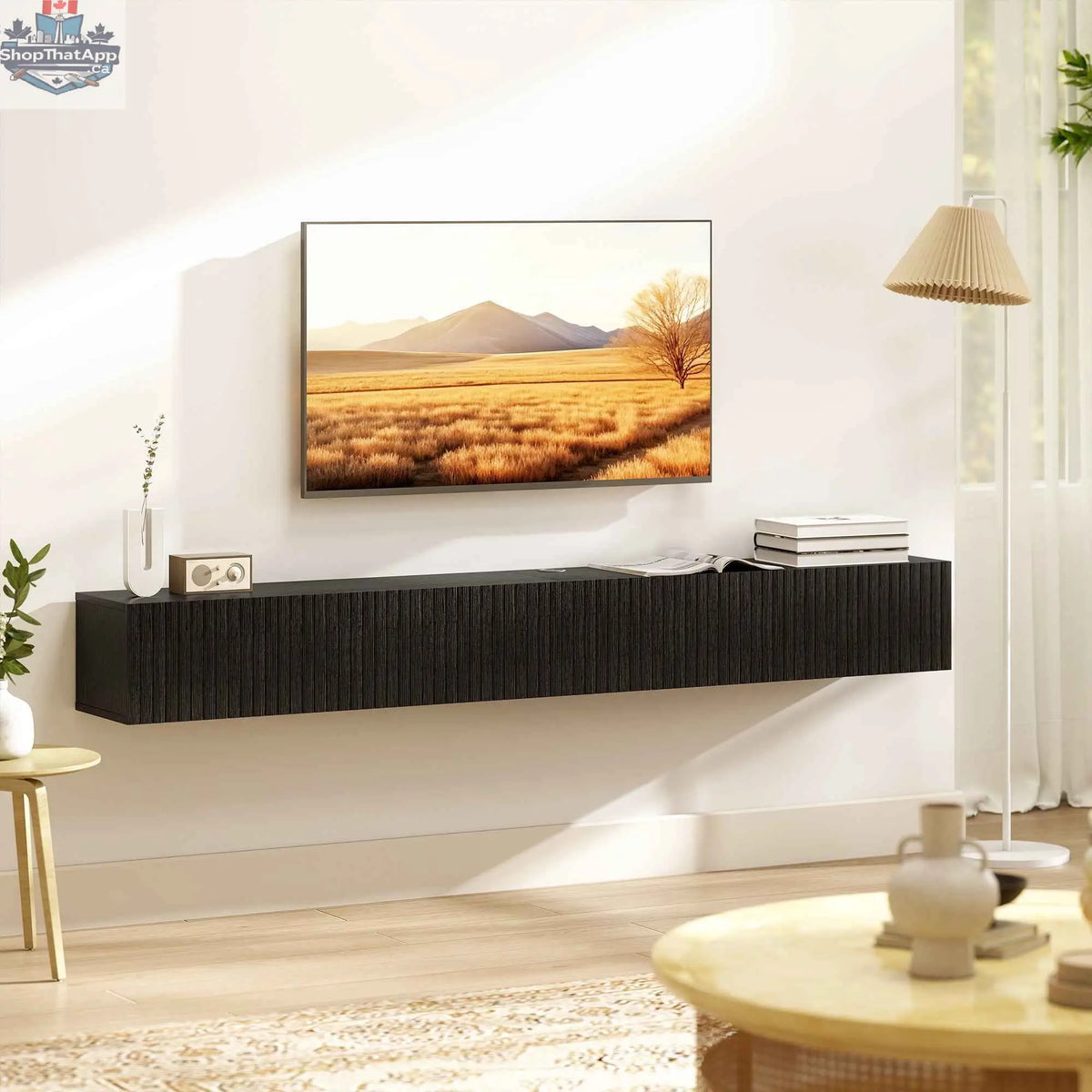 Black Jesse floating TV stand by SLOTH Nation, 71 inches with two fluted flip-down doors for TVs up to 75 inches.
