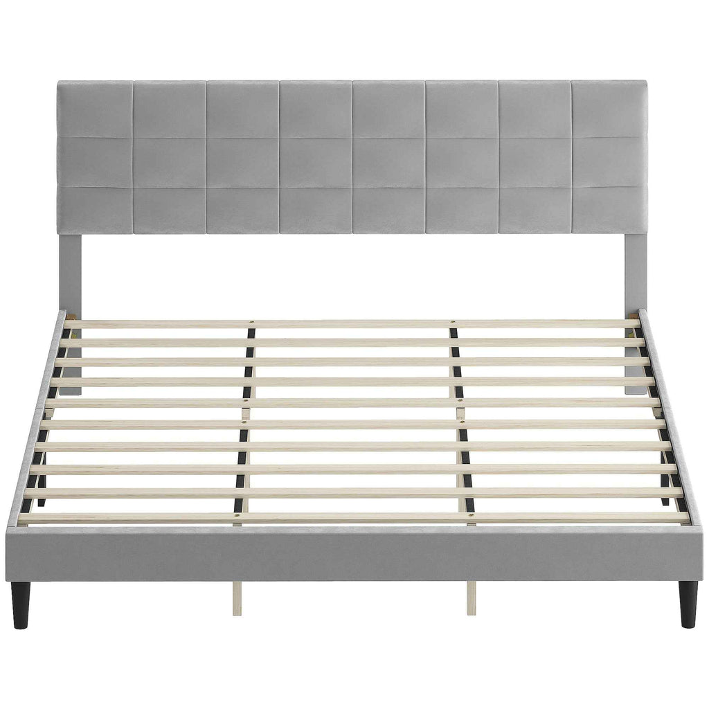 Harper King Size Platform Bed Frame with Upholstered Headboard-Grey