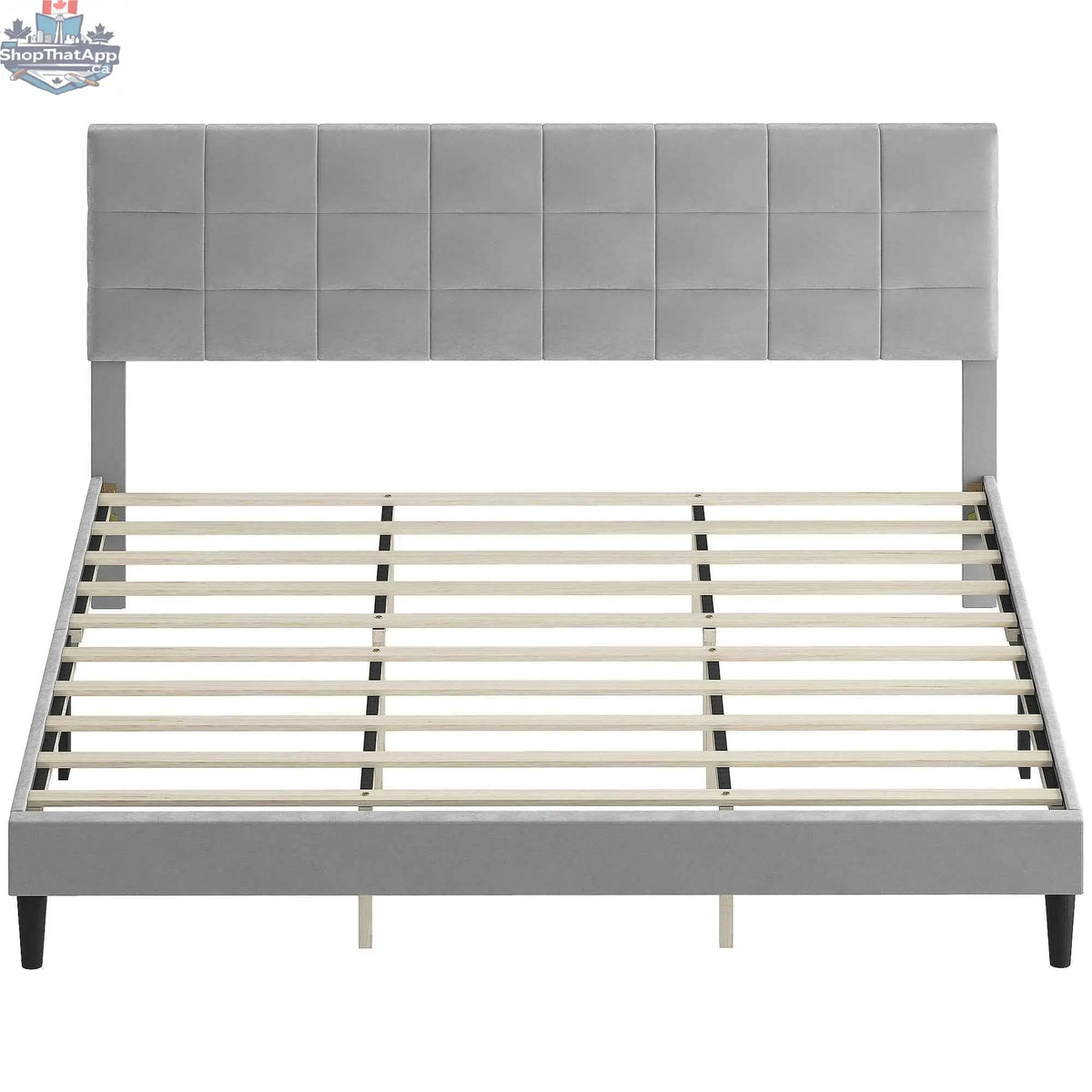 Grey upholstered King size bed frame with headboard from SLOTH Nation, featuring a modern design and sturdy construction.