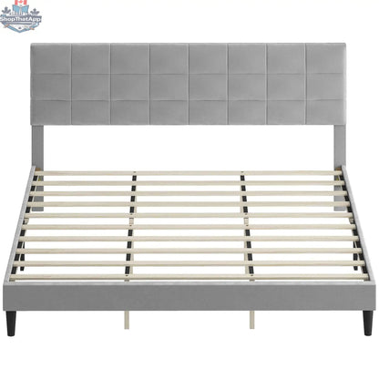 Grey upholstered King size bed frame with headboard from SLOTH Nation, featuring a modern design and sturdy construction.