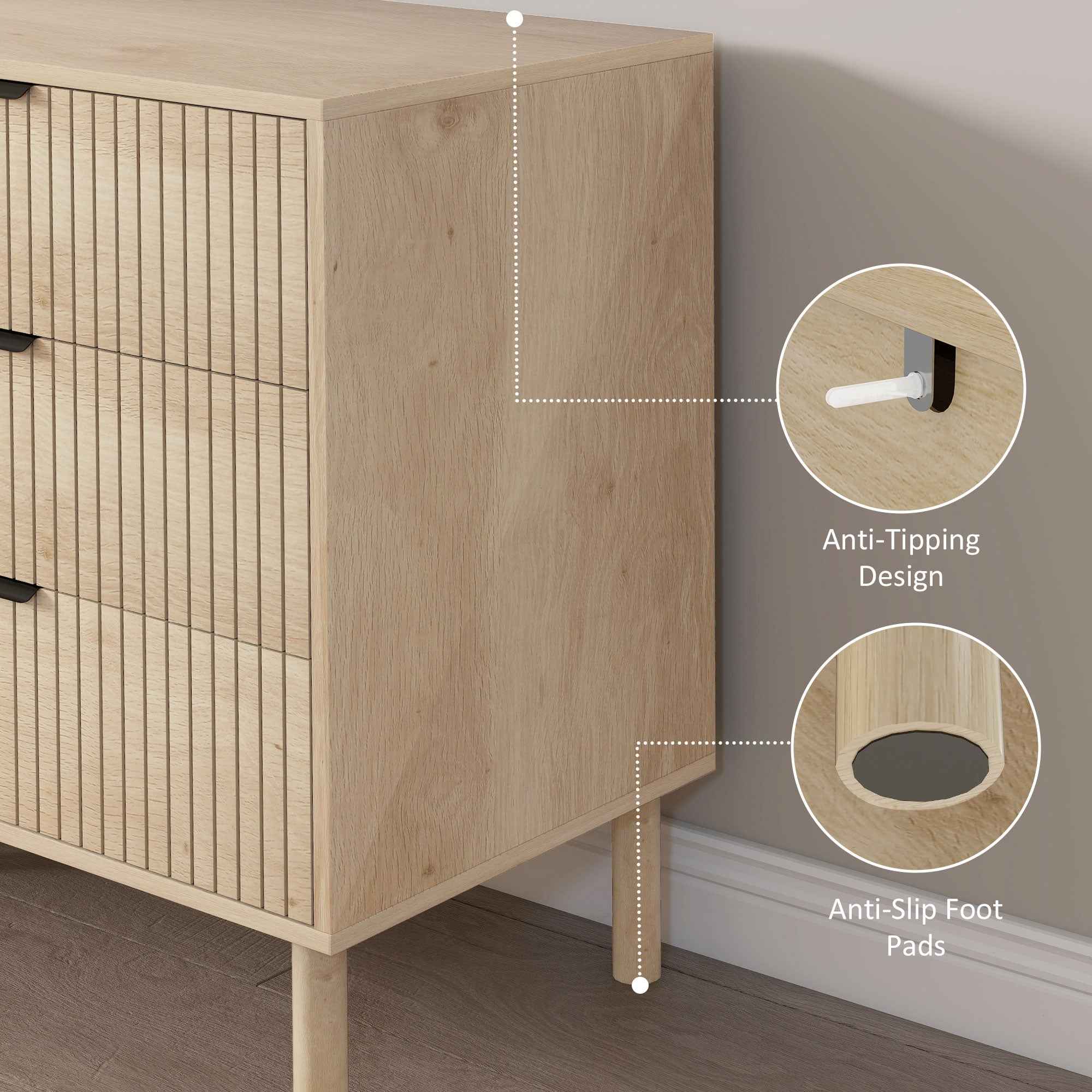 Jesse Chest of Drawers with Fluted Panels and Solid Wood Legs-Oak