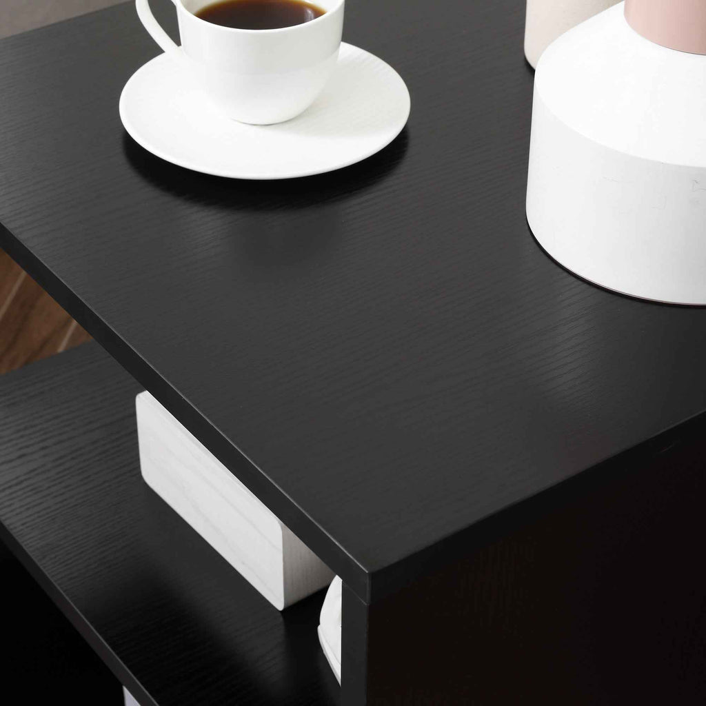 Caelan Wooden S Shape End Table with 3 Tier Storage Shelves-Black