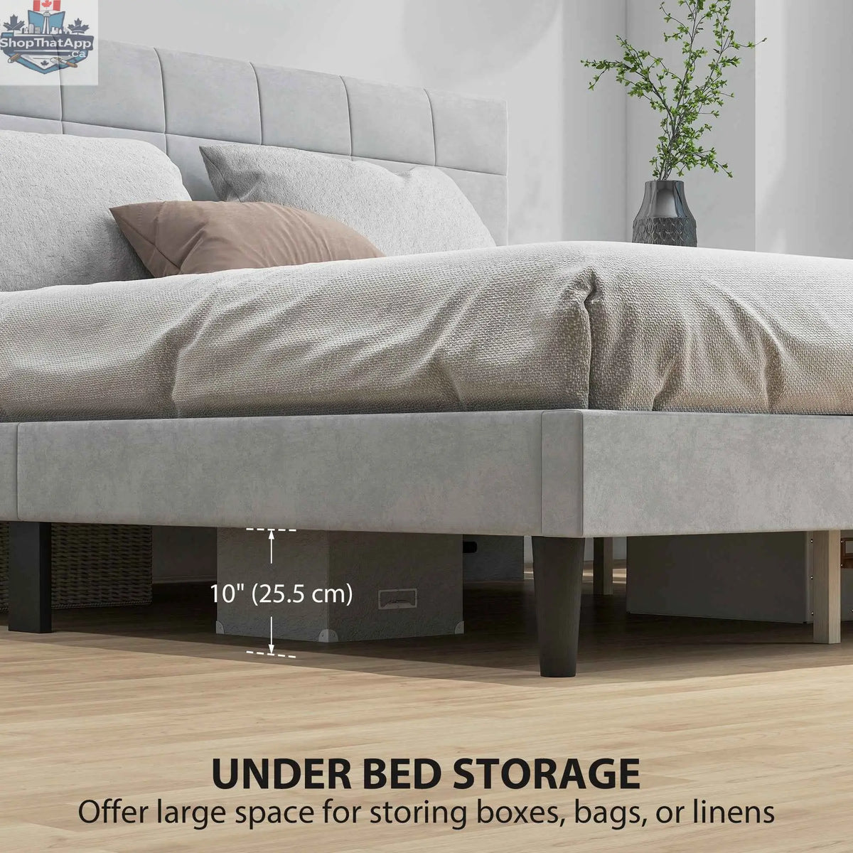 SLOTH Nation Harper king size bed frame with grey upholstered headboard and sturdy wooden frame, modern bedroom furniture.