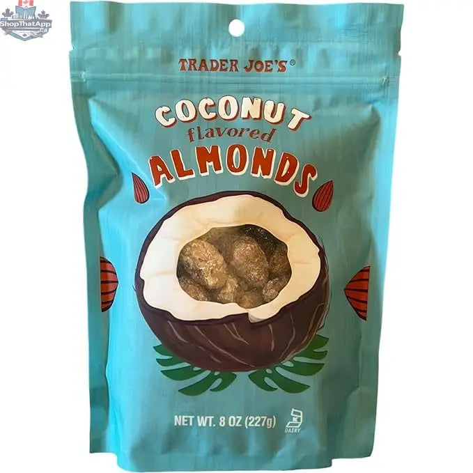 Trader Joe's Coconut Almonds snack by Vancou-Vert Trading Ltd. showing crunchy almonds with coconut flakes in a 227g package