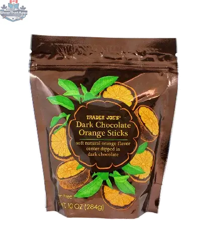 Vancou-Vert Trading Ltd. Trader Joe's dark chocolate orange sticks on a white plate, showcasing glossy orange-coated chocolate sticks.