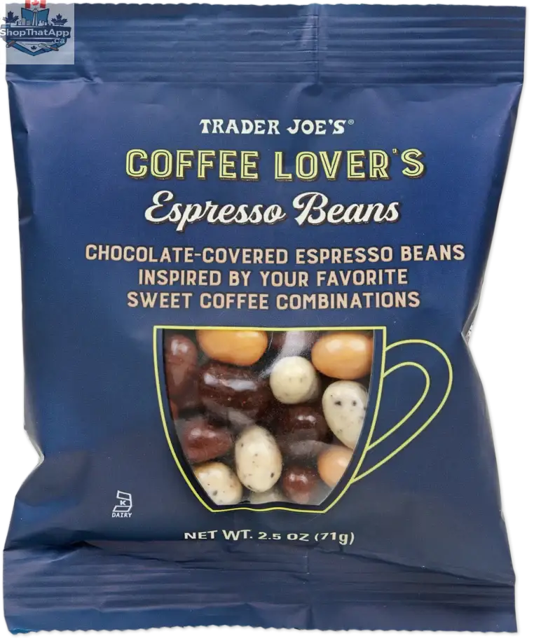 Vancou-Vert Trading Ltd. Trader Joe's espresso coffee beans in 71g package, showing dark roasted beans ready for brewing.