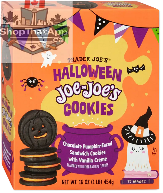 Trader Joe's Halloween Joe-Joe's Cookies in a 454g package, featuring festive Halloween-themed chocolate sandwich cookies.
