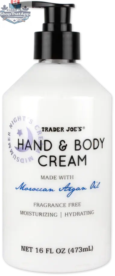Trader Joe's hand and body cream with Moroccan Argan Oil by Vancou-Vert Trading Ltd., in a 473mL jar, showing the cream's smooth texture.