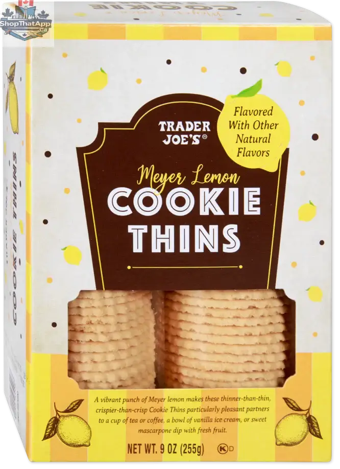 Vancou-Vert Trading Ltd. Meyer Lemon Cookie Thins from Trader Joe's, 255g, showing golden lemon-flavored cookie slices on a white plate.