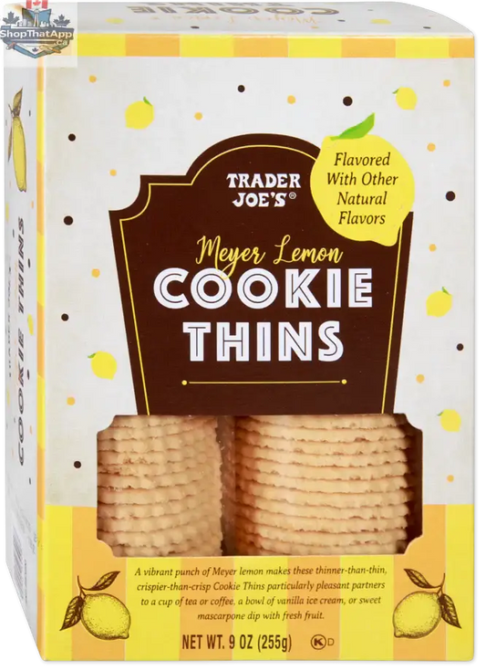 Vancou-Vert Trading Ltd. Meyer Lemon Cookie Thins from Trader Joe's, 255g, showing golden lemon-flavored cookie slices on a white plate.