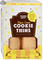 Vancou-Vert Trading Ltd. Meyer Lemon Cookie Thins from Trader Joe's, 255g, showing golden lemon-flavored cookie slices on a white plate.
