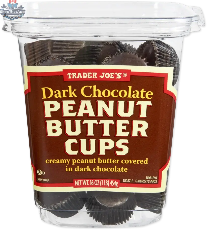 Vancou-Vert Trading Ltd. Trader Joe's Peanut Butter Cups in dark chocolate, 454g, with glossy chocolate coating and peanut butter filling