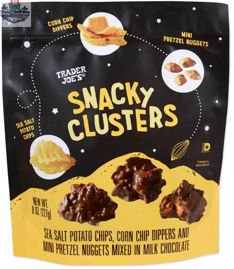 Trader Joe's Snacky Clusters in 227g package, featuring crunchy snack mix with nuts and seeds from Vancou-Vert Trading Ltd.