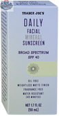 Trader Joe's SPF 40 facial mineral sunscreen by Vancou-Vert Trading Ltd. in a 50mL tube, suitable for daily skin protection.