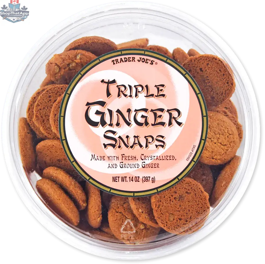 Trader Joe's Triple Ginger Snaps cookies by Vancou-Vert Trading Ltd., showing golden-brown ginger snaps on a plate.
