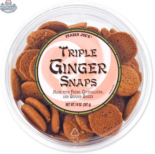 Trader Joe's Triple Ginger Snaps cookies by Vancou-Vert Trading Ltd., showing golden-brown ginger snaps on a plate.