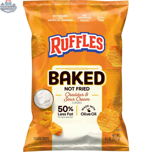 Baked Ruffles Cheddar Sour Cream chips in a 6.25 oz bag, featuring crispy, cheddar-flavored potato chips with less fat.