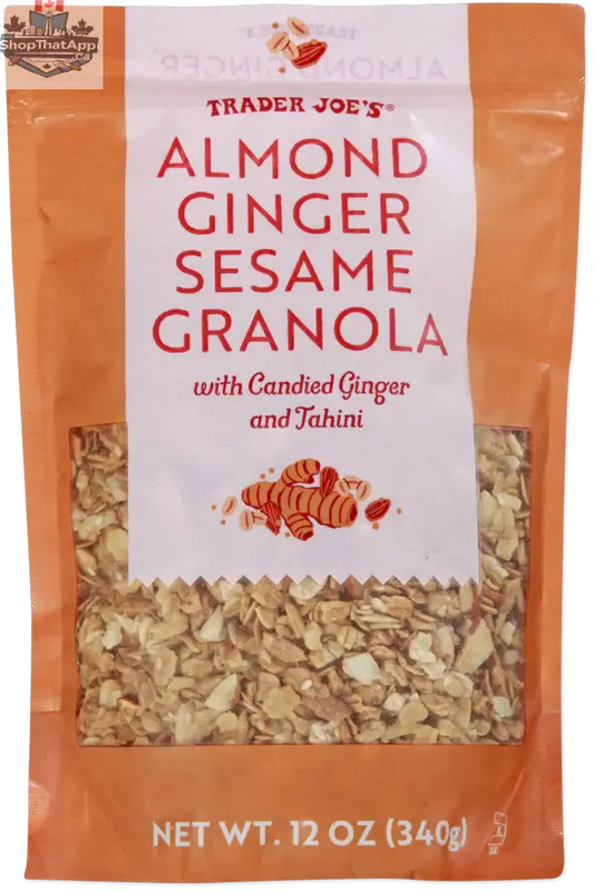 Trader Joe's Almond Ginger Sesame Granola in 340g package, featuring a mix of nuts, seeds, and dried ginger on a bowl.