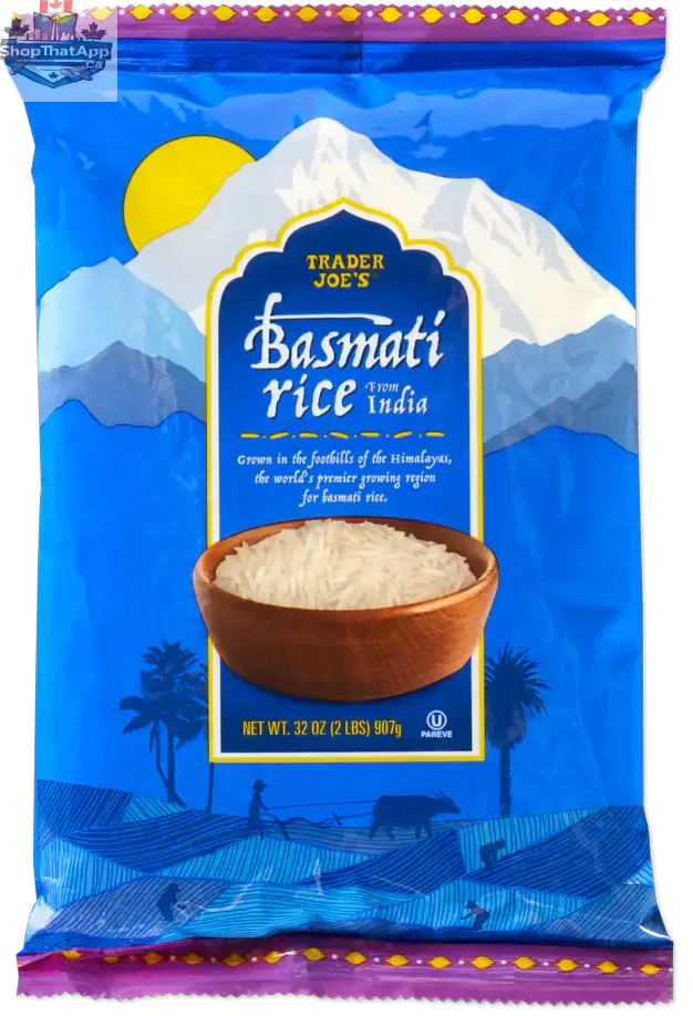 Vancou-Vert Trading Ltd. Trader Joe's Basmati Rice from India in 907g package, showing the rice grains in a clear bag.