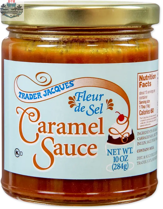 Trader Joe's Caramel Sauce with Fleur de Sel in 284g jar, creamy caramel with a touch of sea salt, from Vancou-Vert Trading Ltd.