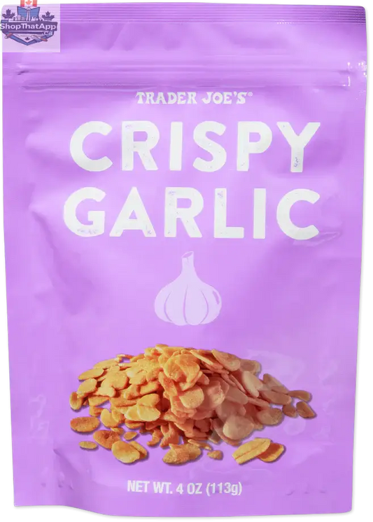 Trader Joe's Crispy Garlic by Vancou-Vert Trading Ltd., close-up of golden, crunchy garlic flakes in a 113g package.