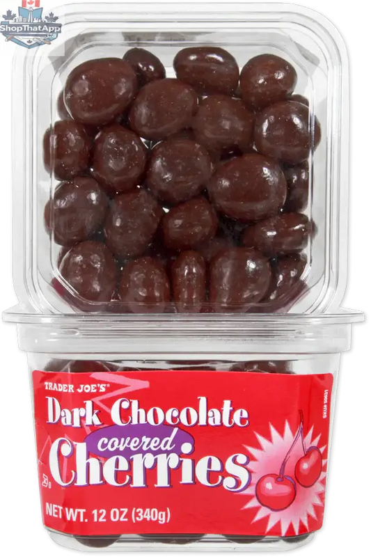 Trader Joe's dark chocolate cherries by Vancou-Vert Trading Ltd., glossy dark chocolate-covered cherries in a clear container.