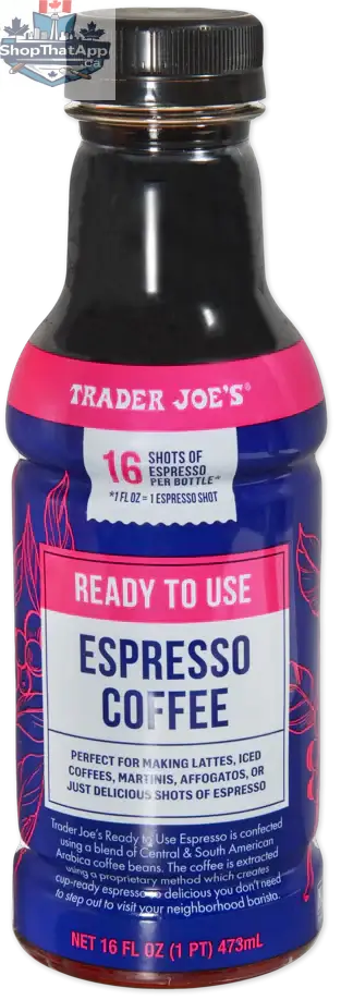 Vancou-Vert Trader Joe's Espresso Coffee ready-to-use 473ml bottle, showing dark coffee liquid with label and cap.