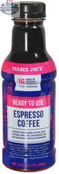 Vancou-Vert Trader Joe's Espresso Coffee ready-to-use 473ml bottle, showing dark coffee liquid with label and cap.
