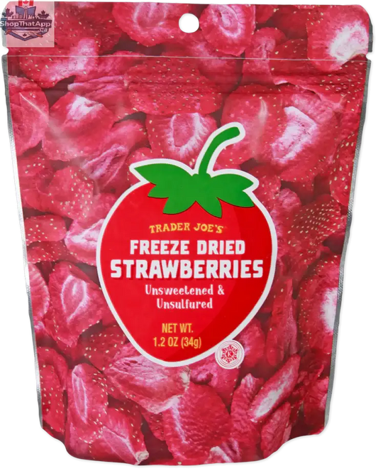 Vancou-Vert Trading Ltd. Trader Joe's freeze-dried strawberries in 34g package, ideal for snack lovers.