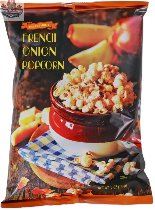 Trader Joe's French Onion Popcorn in a 142g bag, featuring crispy popcorn coated with savory French onion flavor from Vancou-Vert Trading Ltd.