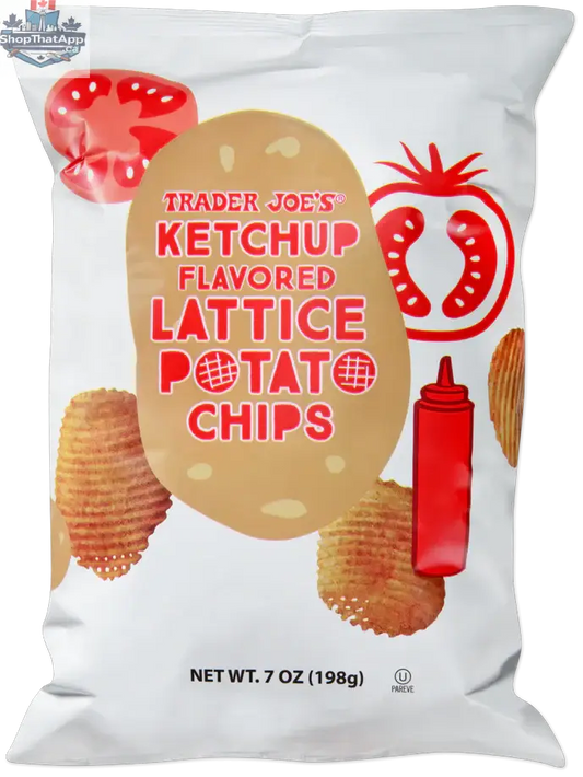Vancou-Vert Trader Joe's Ketchup Flavored Lattice Potato Chips in a 198g bag, showing crispy, ketchup-seasoned lattice chips.