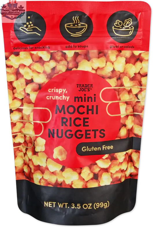 Trader Joe's Mini Mochi Nuggets rice snacks by Vancou-Vert Trading Ltd. in a clear bowl showing chewy, golden mochi bites.