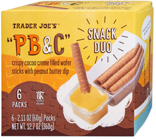Vancou-Vert Trader Joe's PB&C Snack Duo in 360g package, featuring peanut butter and chocolate snack options on a wooden surface.