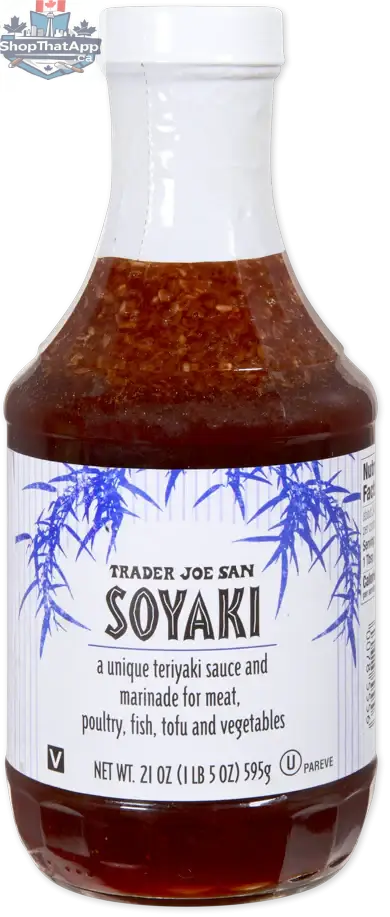 Vancou-Vert Trader Joe's Soyaki Sauce 595g bottle, a savory marinade and glaze for Asian-inspired dishes.