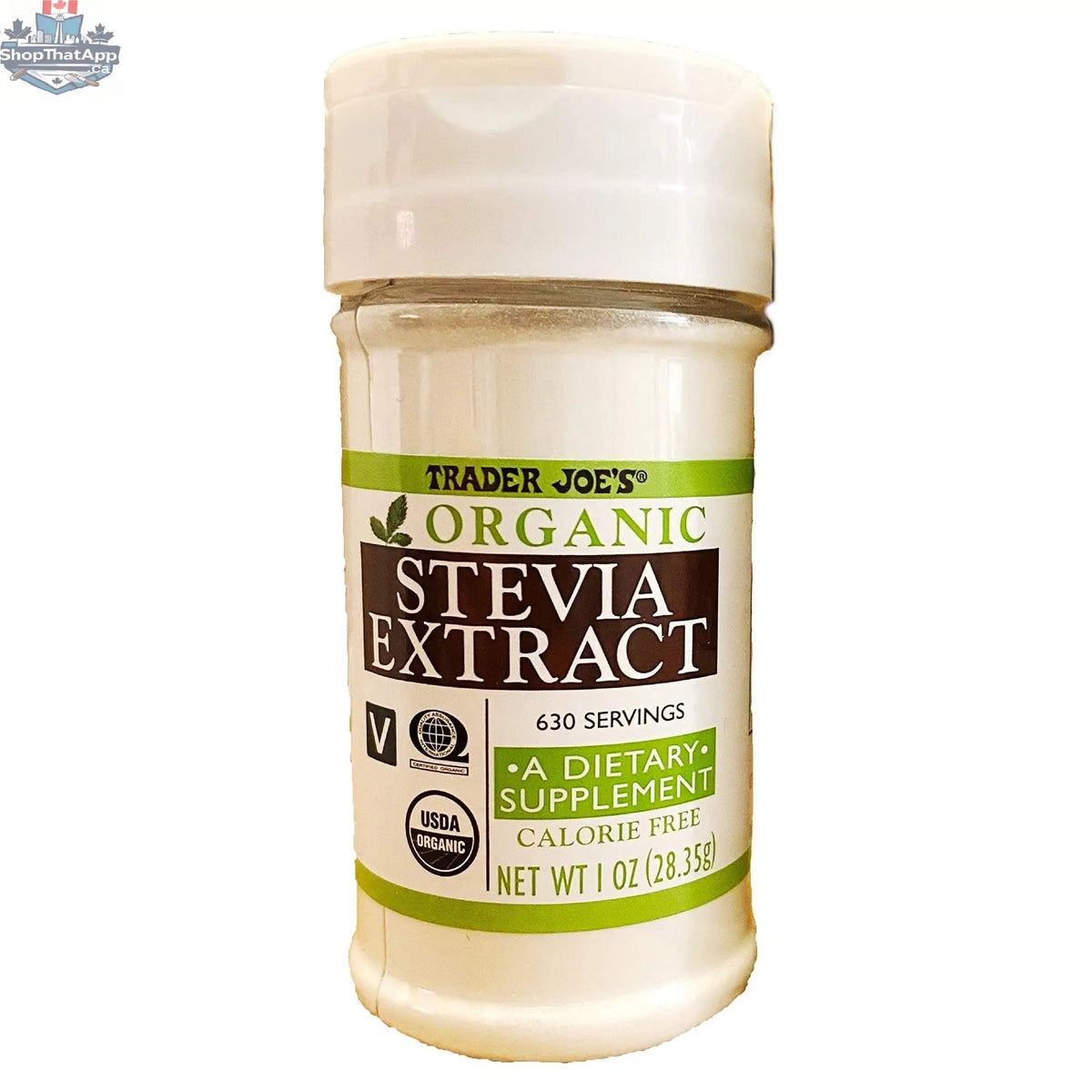 Trader Joe's organic stevia extract in a 28.35g container, natural sweetener from Vancou-Vert Trading Ltd.