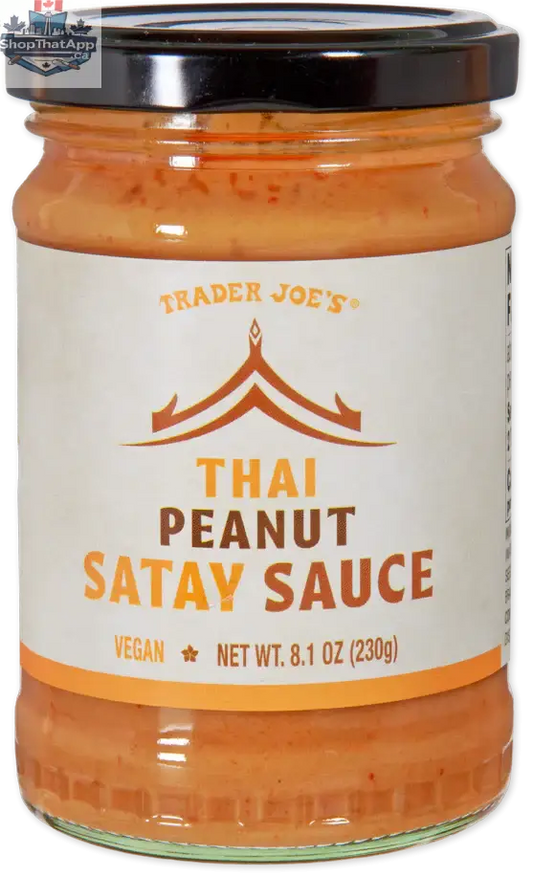 Trader Joe's Thai Peanut Sauce by Vancou-Vert Trading Ltd., savory satay sauce in 230g jar, ideal for dips and stir-fry dishes.
