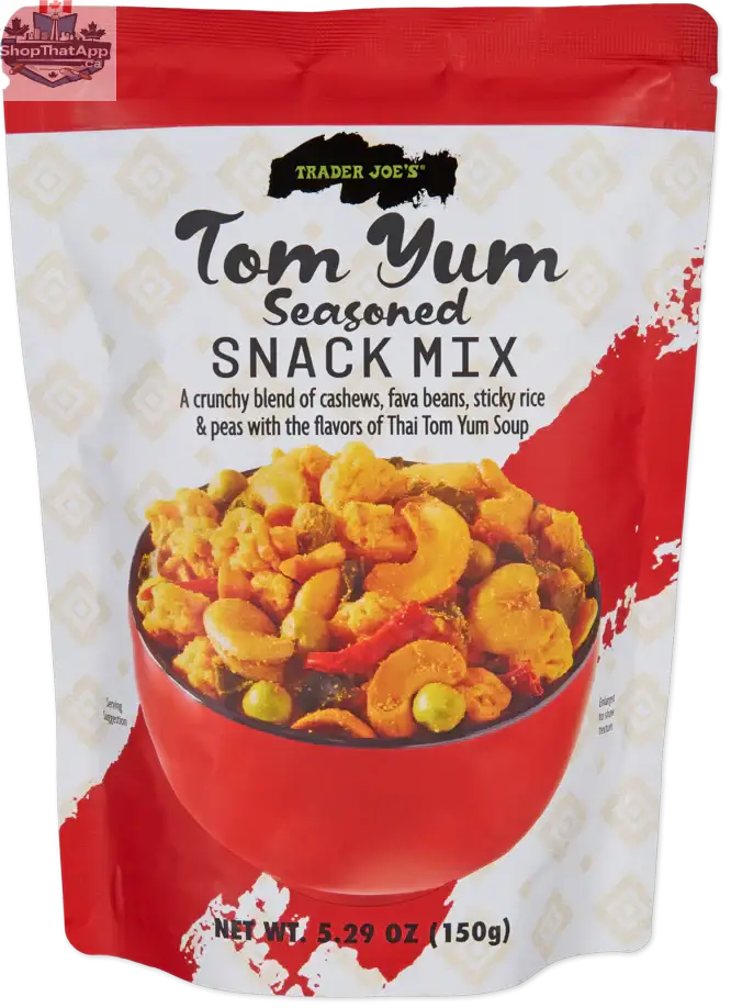 Trader Joe's Tom Yum Snack Mix by Vancou-Vert Trading Ltd., savory seasoned Thai-inspired snack in 150g package.