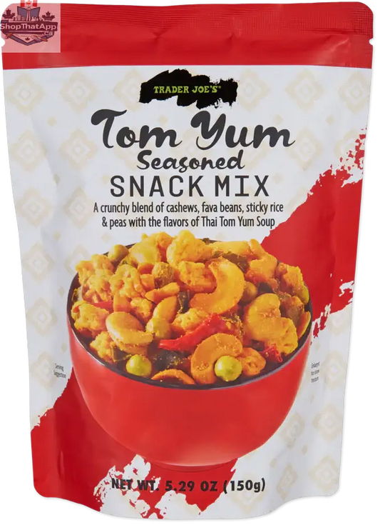 Trader Joe's Tom Yum Snack Mix by Vancou-Vert Trading Ltd., savory seasoned Thai-inspired snack in 150g package.